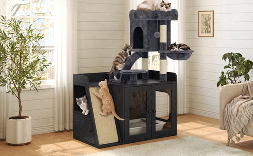 Litter Box Enclosure with Cat Tree, Hidden Litter Box with LED Light,