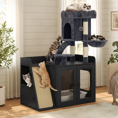 Litter Box Enclosure with Cat Tree, Hidden Litter Box with LED Light,