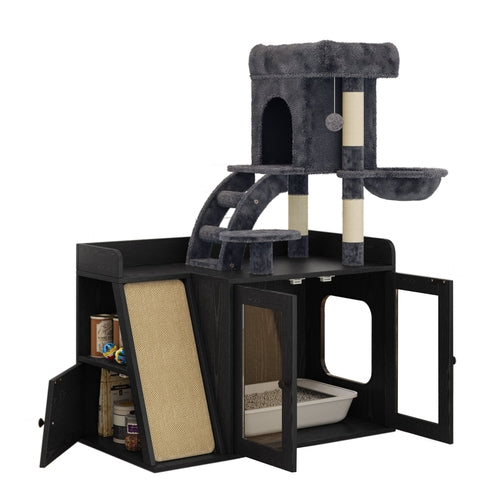 Litter Box Enclosure with Cat Tree, Hidden Litter Box with LED Light,