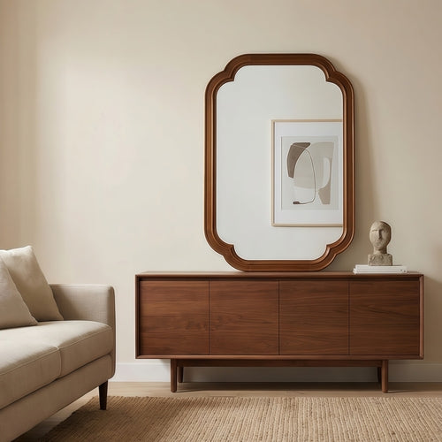 Solid Wood Frame Rounded Corner Decorative Mirror, For Bedroom,