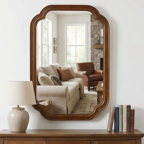 Solid Wood Frame Rounded Corner Decorative Mirror, For Bedroom,