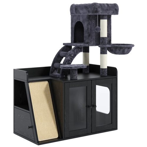 Litter Box Enclosure with Cat Tree, Hidden Litter Box with LED Light,