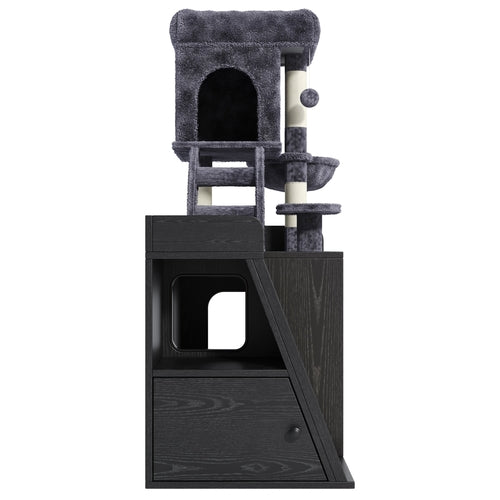 Litter Box Enclosure with Cat Tree, Hidden Litter Box with LED Light,