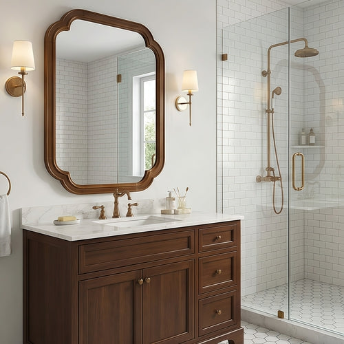 Solid Wood Frame Rounded Corner Decorative Mirror, For Bedroom,