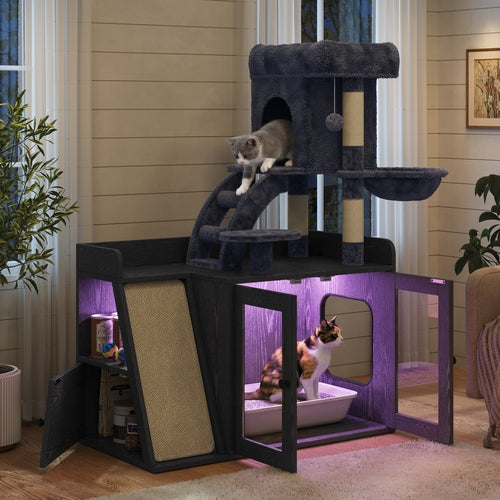 Litter Box Enclosure with Cat Tree, Hidden Litter Box with LED Light,