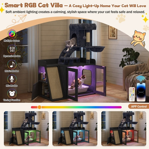 Litter Box Enclosure with Cat Tree, Hidden Litter Box with LED Light,