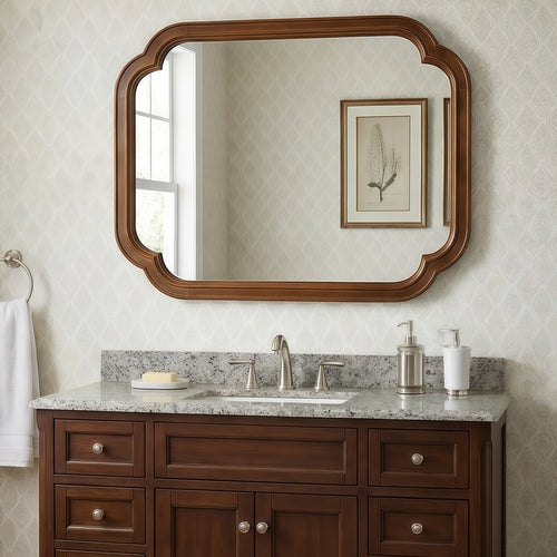 Solid Wood Frame Rounded Corner Decorative Mirror, For Bedroom,
