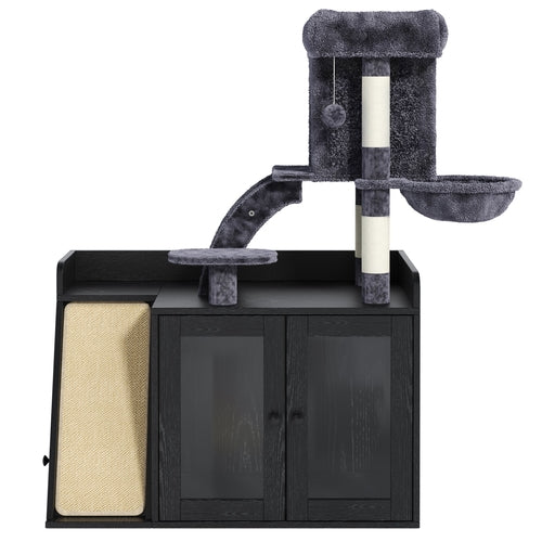 Litter Box Enclosure with Cat Tree, Hidden Litter Box with LED Light,