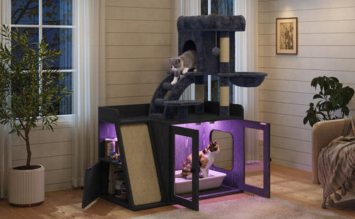 Litter Box Enclosure with Cat Tree, Hidden Litter Box with LED Light,