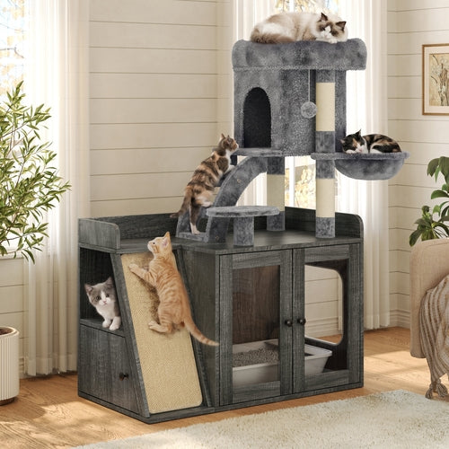 Litter Box Enclosure with Cat Tree, Hidden Litter Box with LED Light,