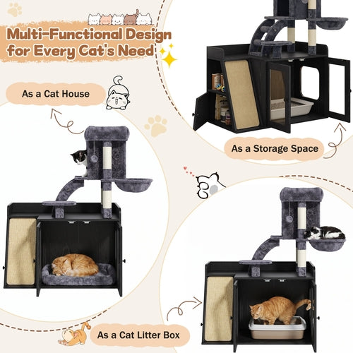 Litter Box Enclosure with Cat Tree, Hidden Litter Box with LED Light,