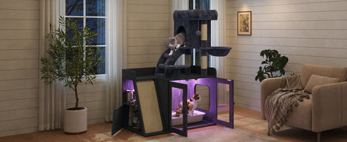 Litter Box Enclosure with Cat Tree, Hidden Litter Box with LED Light,