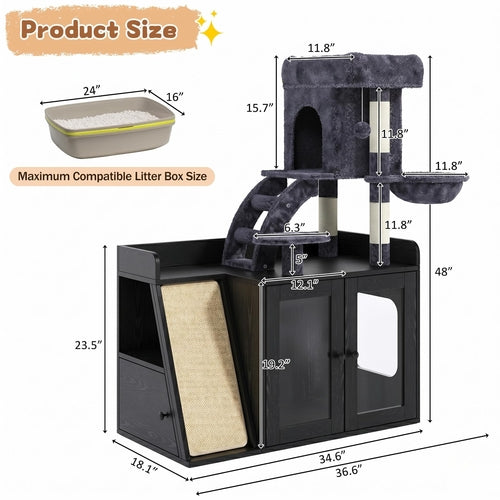 Litter Box Enclosure with Cat Tree, Hidden Litter Box with LED Light,