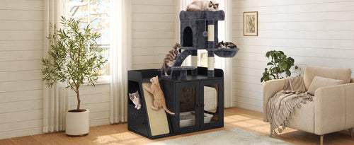Litter Box Enclosure with Cat Tree, Hidden Litter Box with LED Light,
