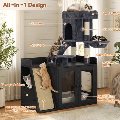 Litter Box Enclosure with Cat Tree, Hidden Litter Box with LED Light,