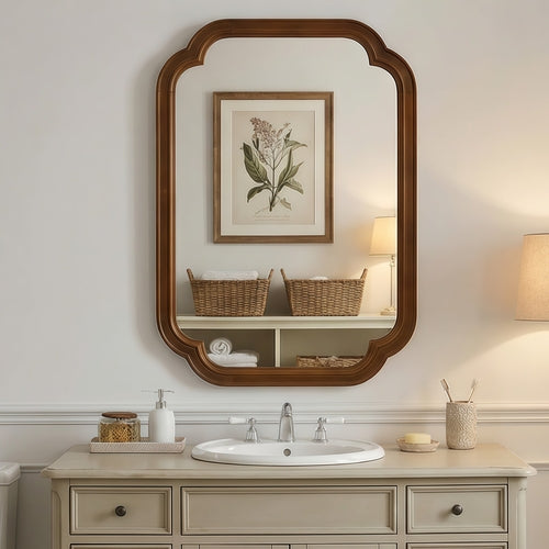 Solid Wood Frame Rounded Corner Decorative Mirror, For Bedroom,