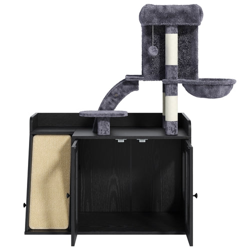 Litter Box Enclosure with Cat Tree, Hidden Litter Box with LED Light,